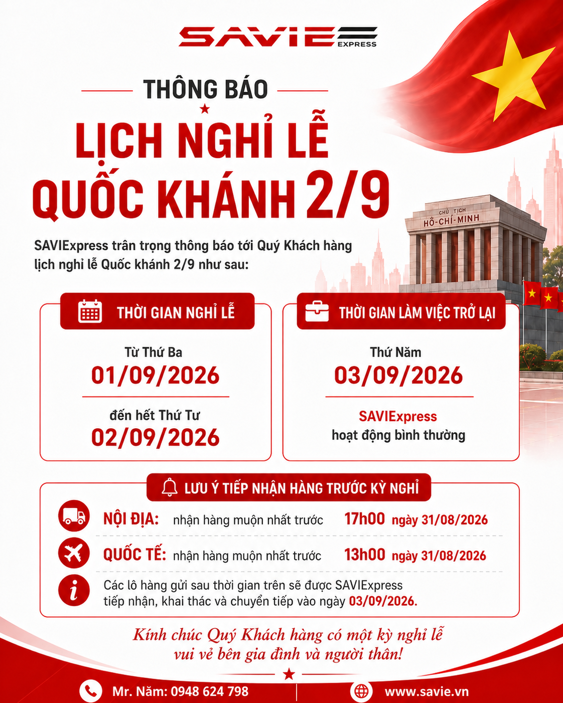 THÔNG BÁO:  LỊCH NGHỈ LỄ QUỐC KHÁNH 02/09 