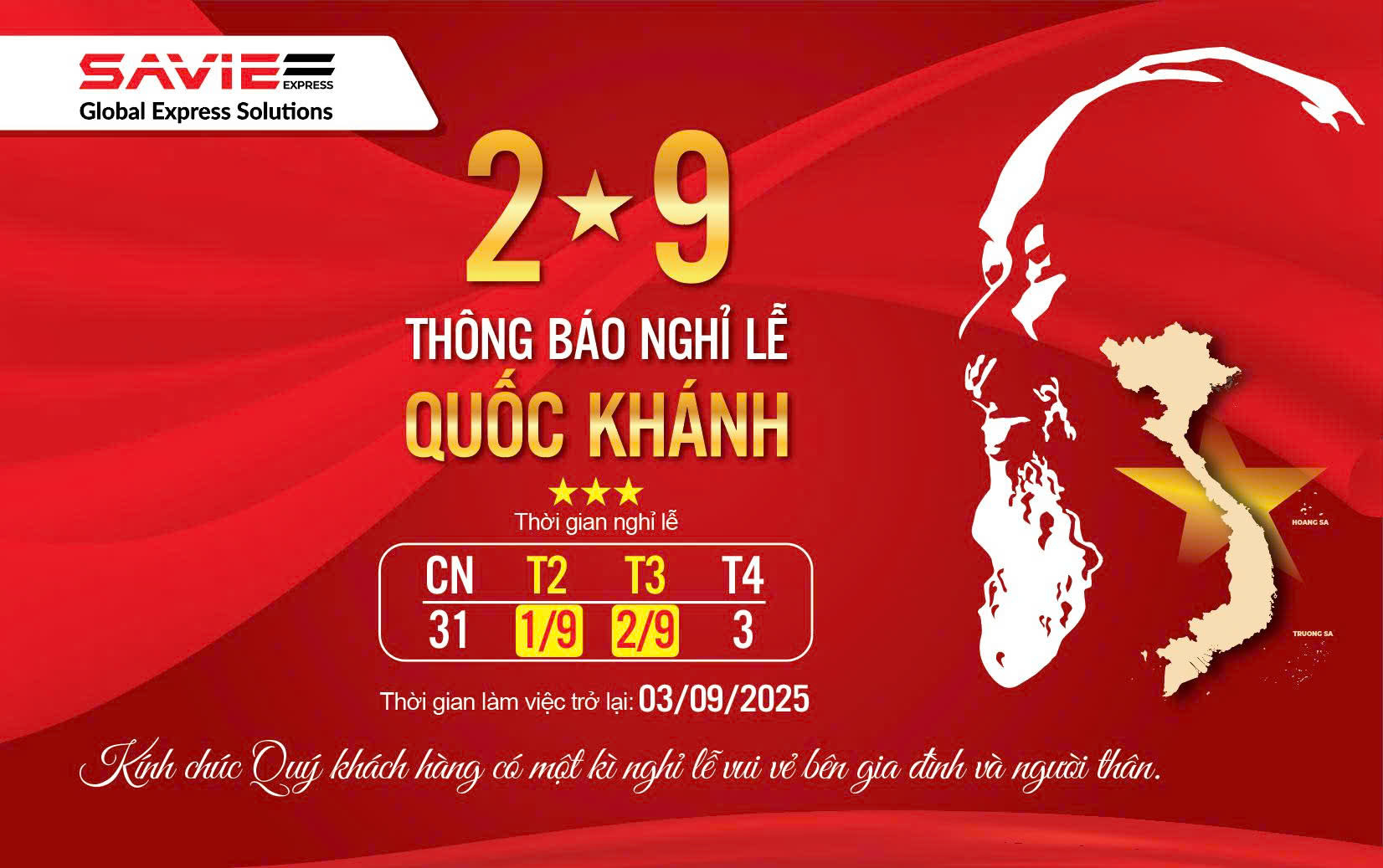 THÔNG BÁO LỊCH NGHỈ LỄ QUỐC KHÁNH 2/9